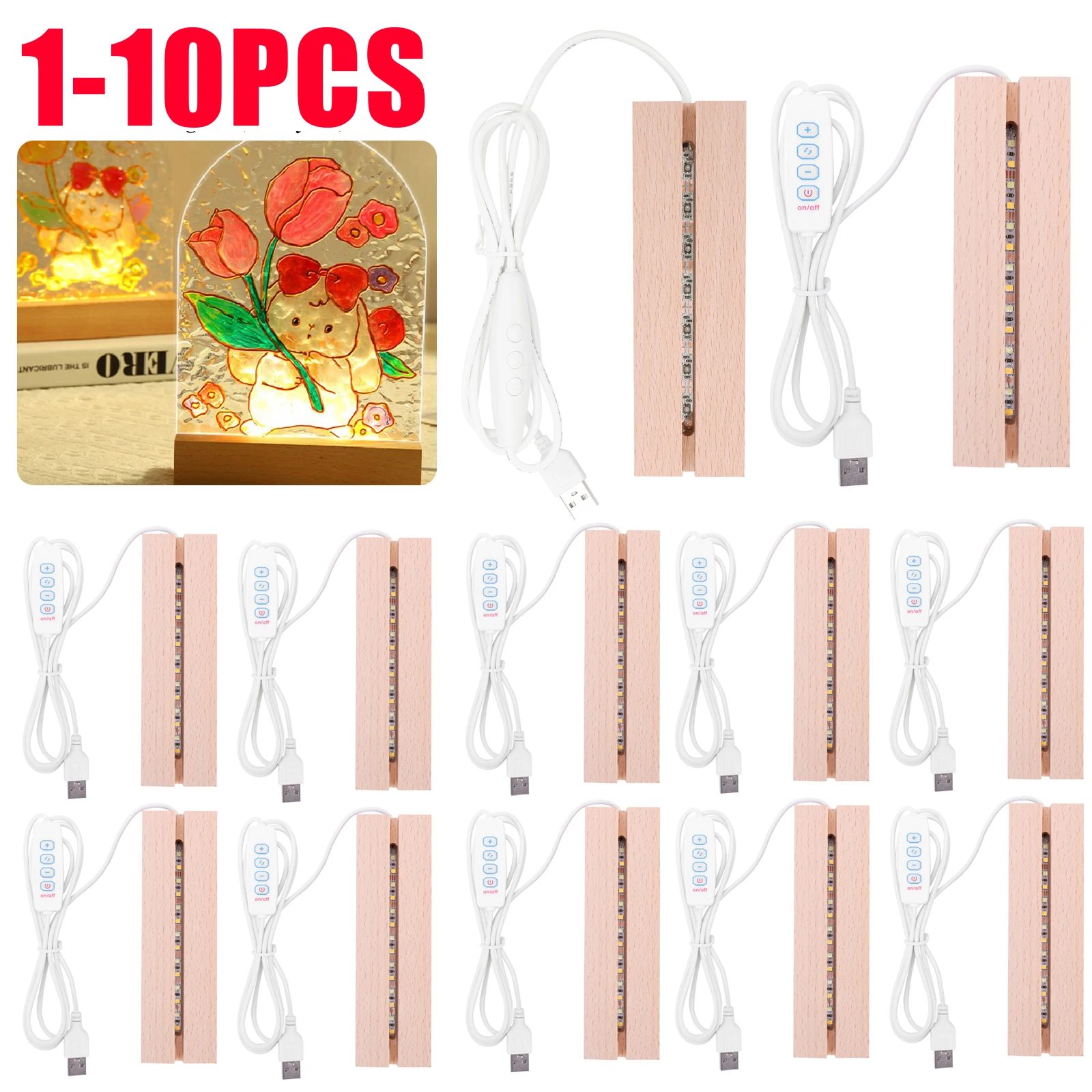 Light Art And Craft - 1-10 Stück LED-Holzlicht-Display, Kristall-Acryl-Leuchtsockel, USB-Holzständer für