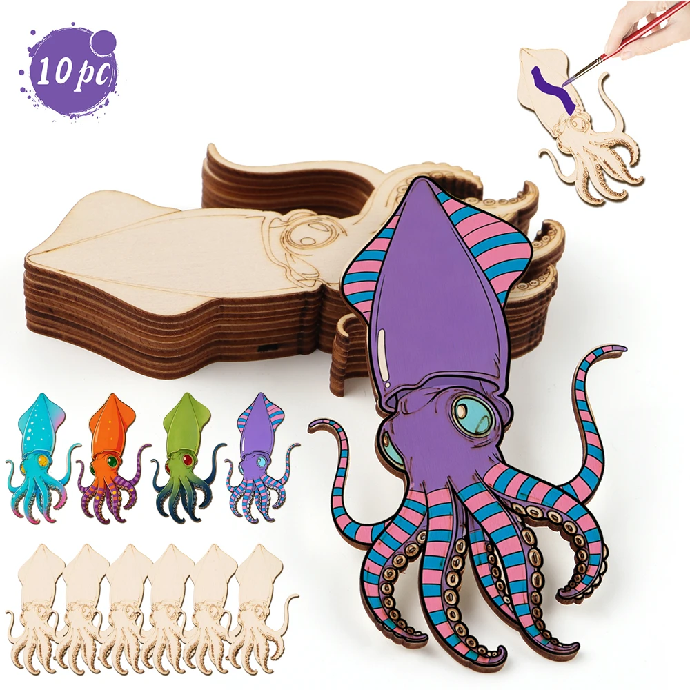 Art Craft Wood - 10 Stück/Set Unfertige Holz-Oktopus-Tierfiguren Holzhandwerk-Set für