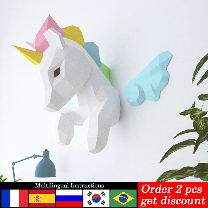 Art Craft Center - Regenbogen-Einhorn-Tier-Wanddekoration, Heimkunst, hängende Dekoration, Papiermodell, niedriges